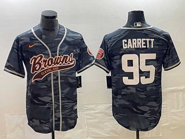 Men%27s Cleveland Browns #95 Myles Garrett Gray Camo With Patch Cool Base Stitched Baseball Jersey
